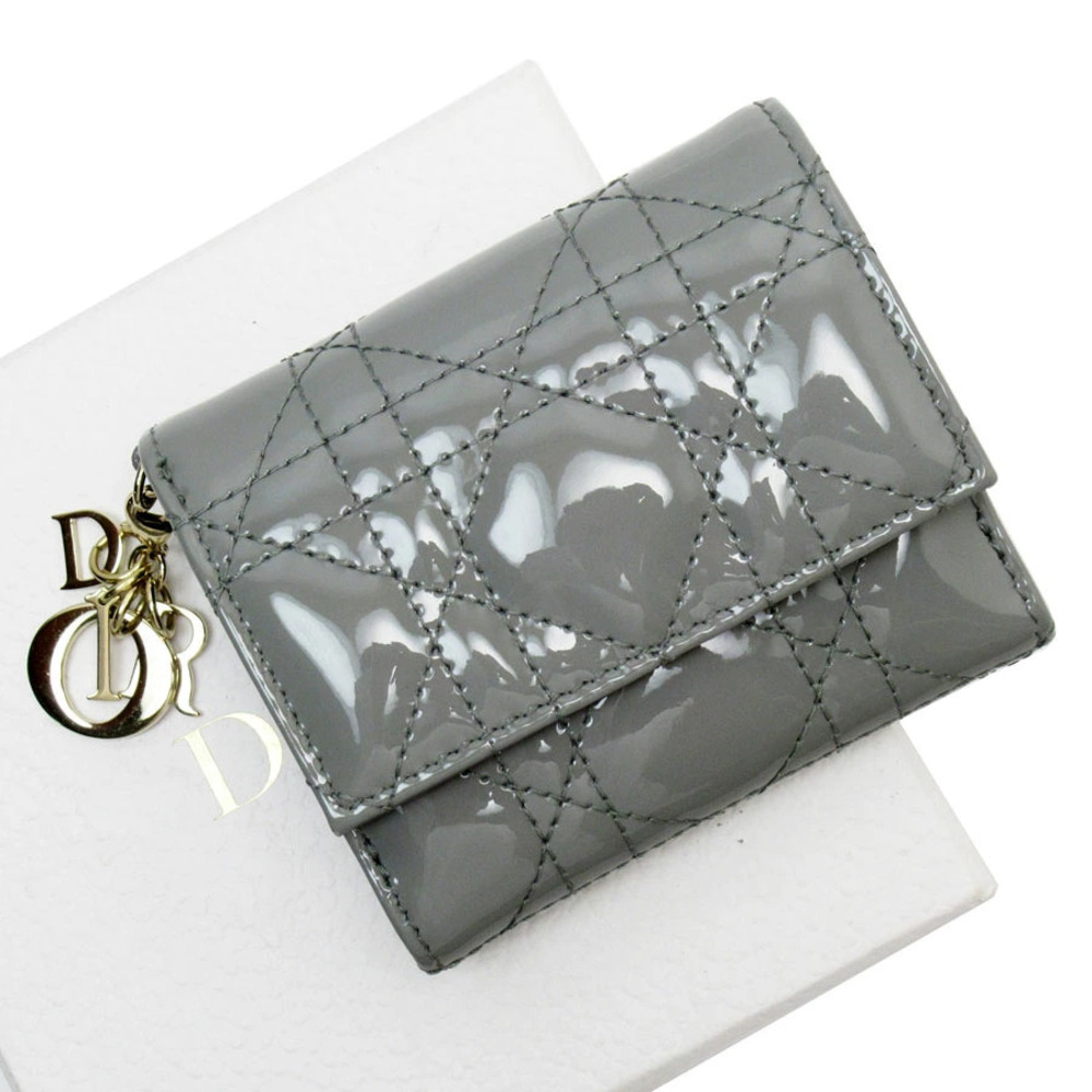 Christian Dior Trifold Wallet Cannage Leather Gold Gray